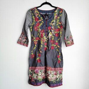 Ethnic By Outfitters Floral Printed & Embroidered Houndstooth Boho Tunic Kurta